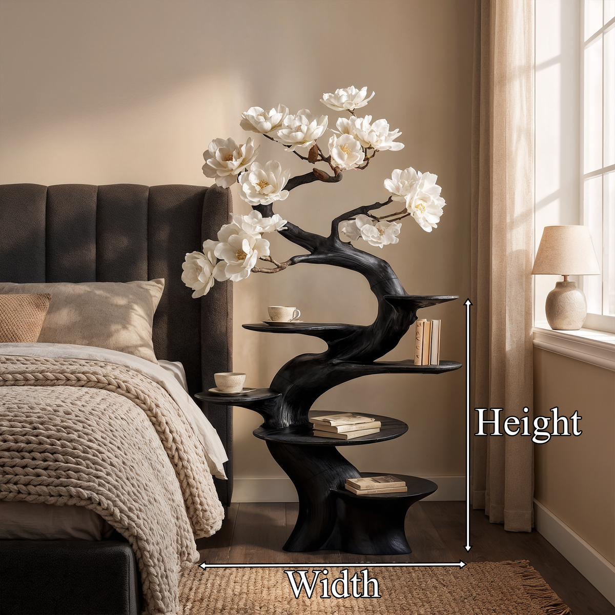Organic Modern Sculptural Floor Display Shelf, solid wood, built to order, dimensions