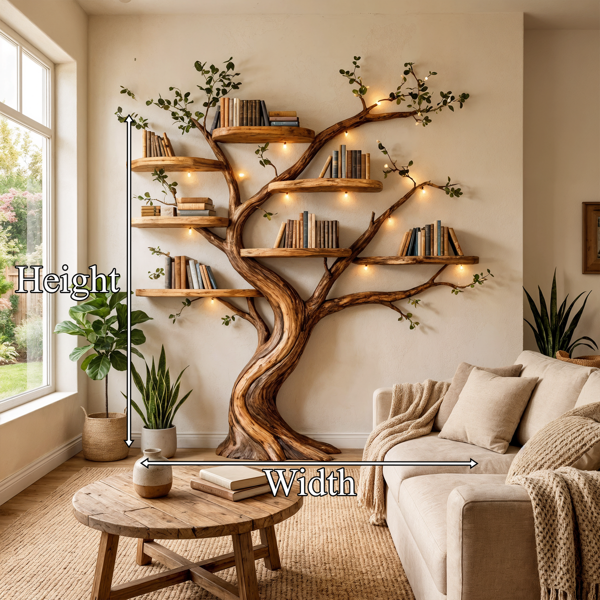 Organic Tree Bookshelf Living Room Interior Sculptural Wall Display, solid wood, built to order, dimensions