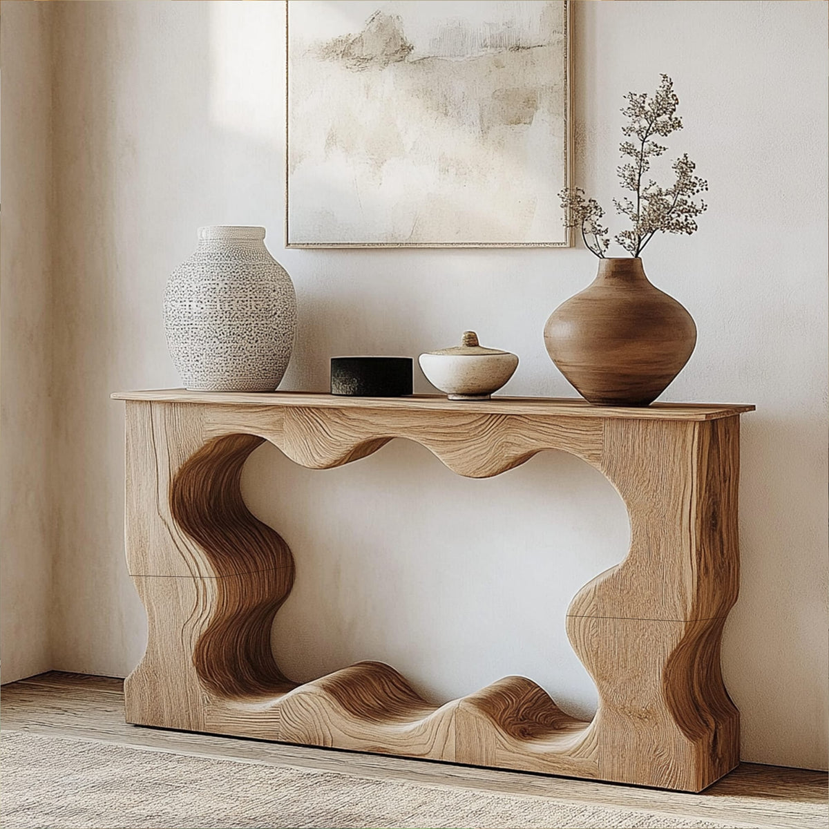 Mid Century Modern Console Table Wave Form Entrance Display, solid wood, built to order