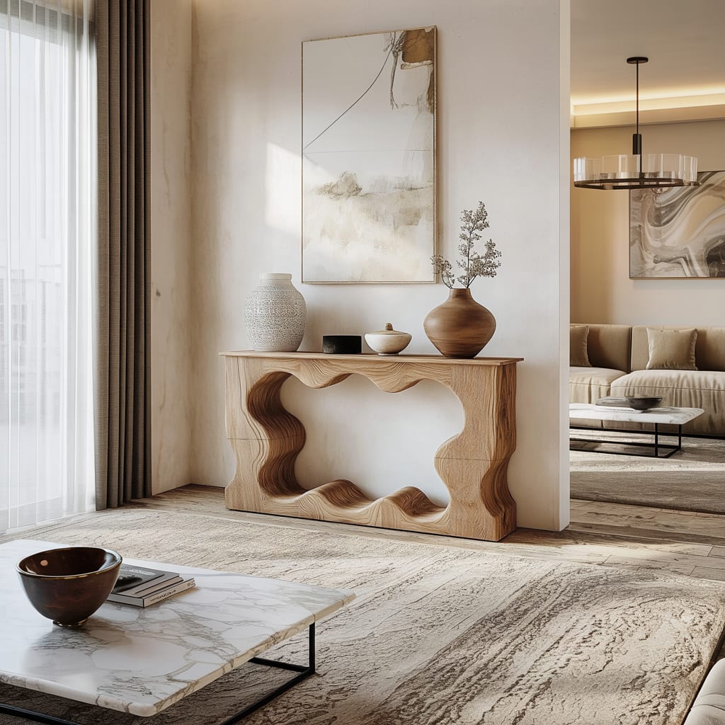 Mid Century Modern Console Table Wave Form Entrance Display, solid wood, built to order