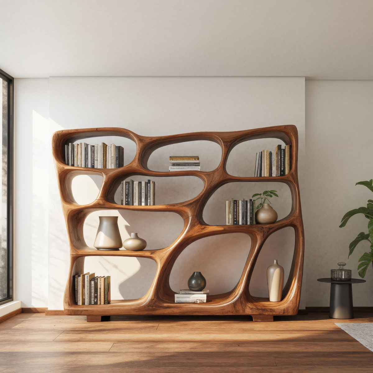 Modern Bookshelf with Sculptural Open Design, solid wood, built to order