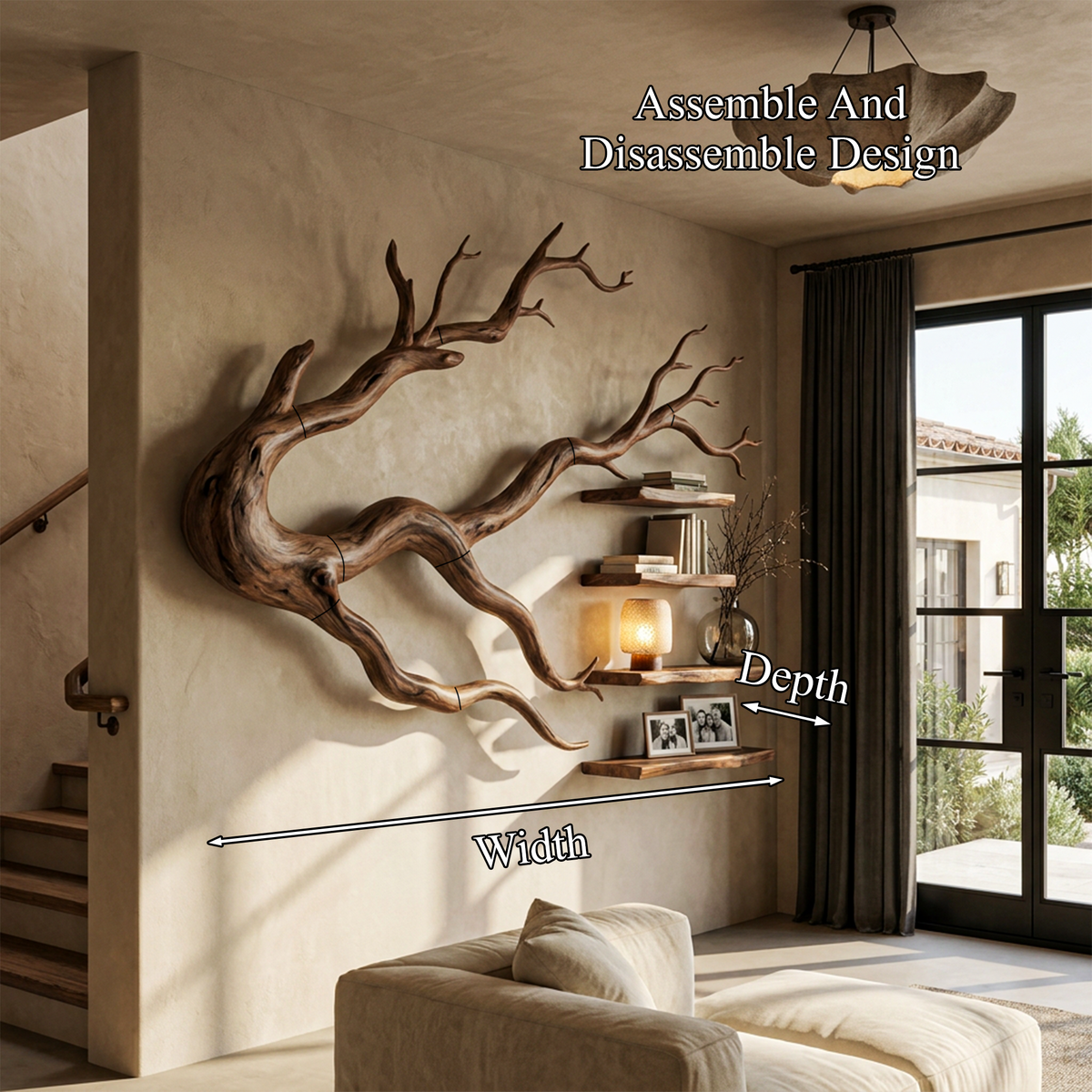 Organic Tree Bookcase with Flowing Wall Mounted Branches, solid wood, built to order, view 2