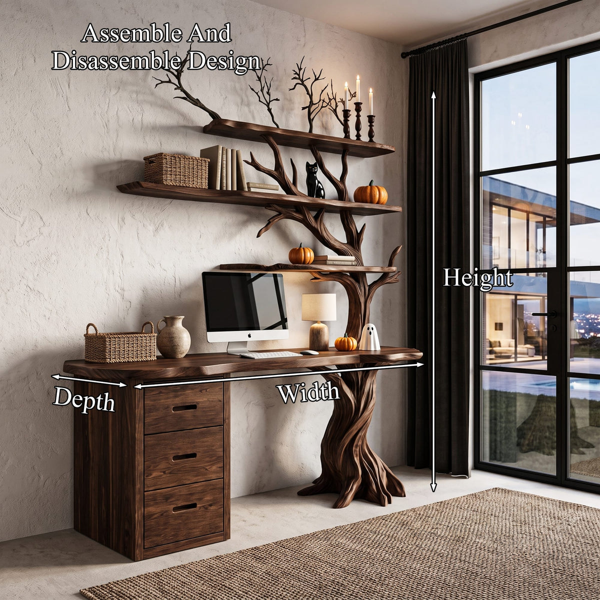 Contemporary Writing Desk with Tree Silhouette, solid wood, built to order