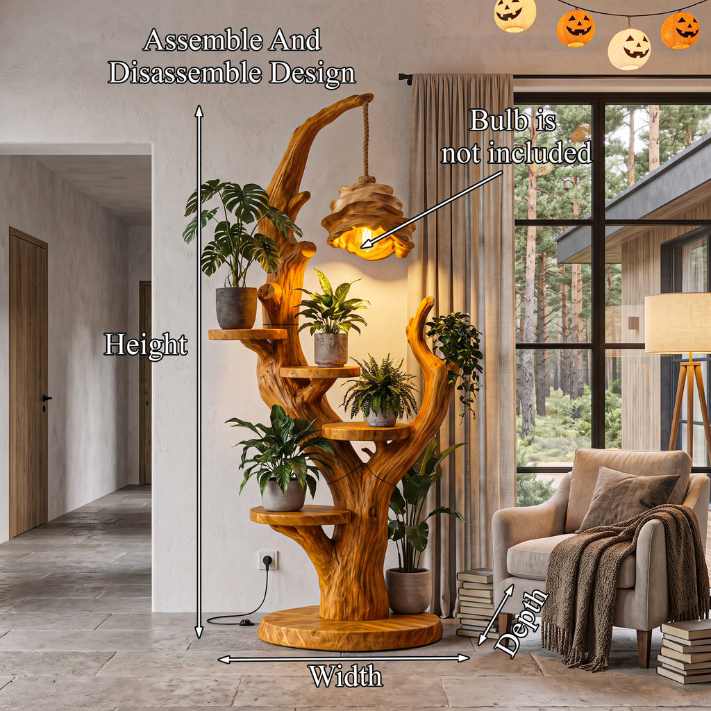 Contemporary Plant Display Stand with Floating Circular Shelves, solid wood, built to order