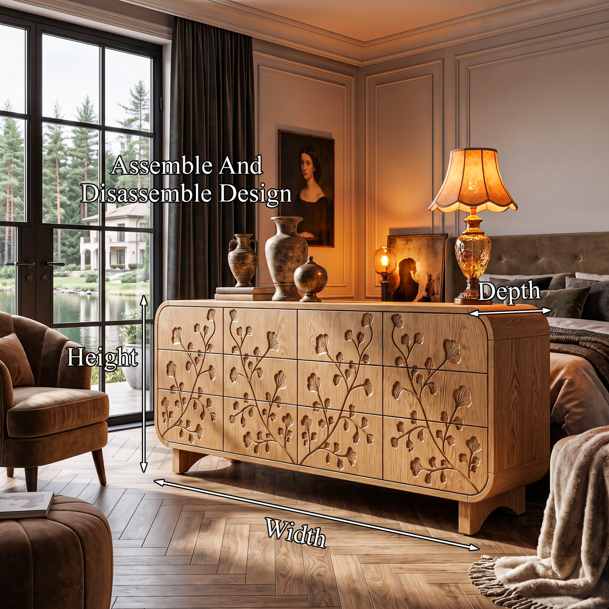 Minimalist All Dresser with Subtle Leaf Carving and Soft Rounded Frame, solid wood, built to order, view 8