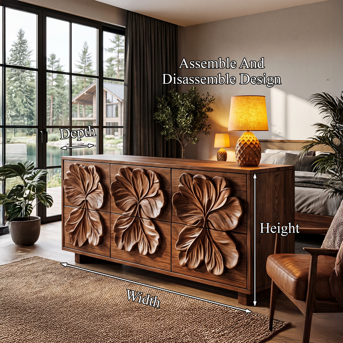Rustic Bedroom Dresser with Carved Floral Drawer Fronts and Form, solid wood, built to order, view 8