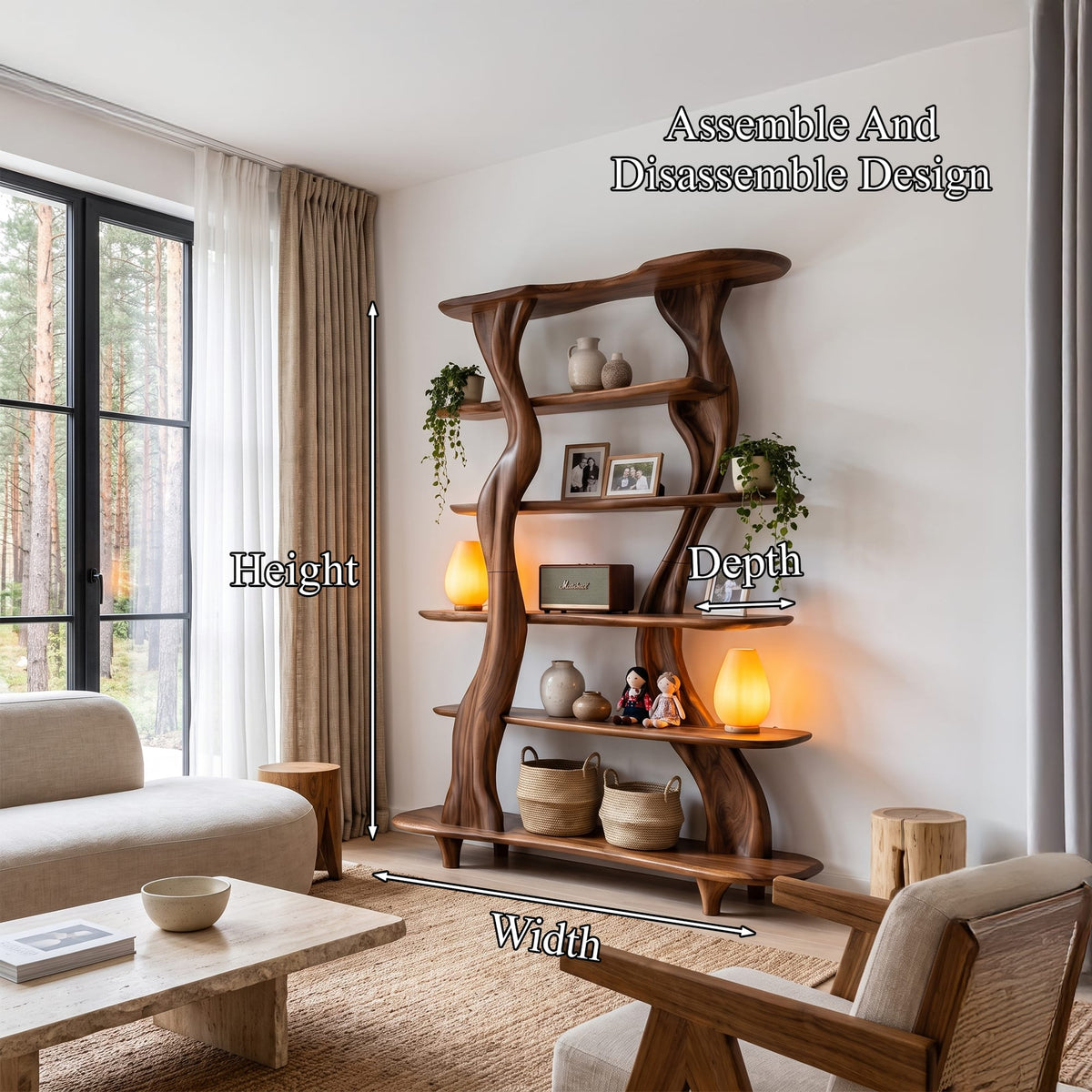 Mid Century Sculptural Bookshelf with Branch Inspired Frame, solid wood, built to order