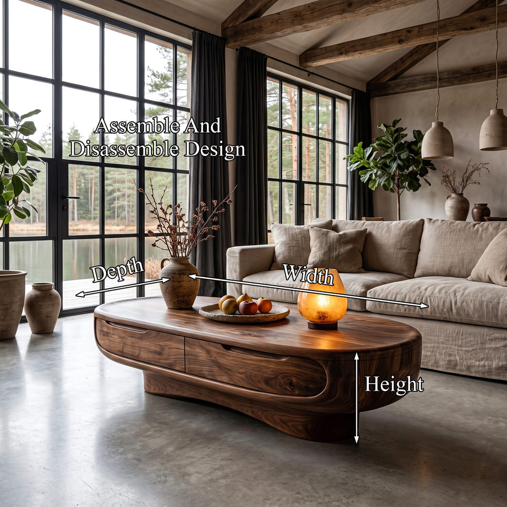 Mid Century Oval Coffee Table with Clean Low Profile Form, solid wood, built to order