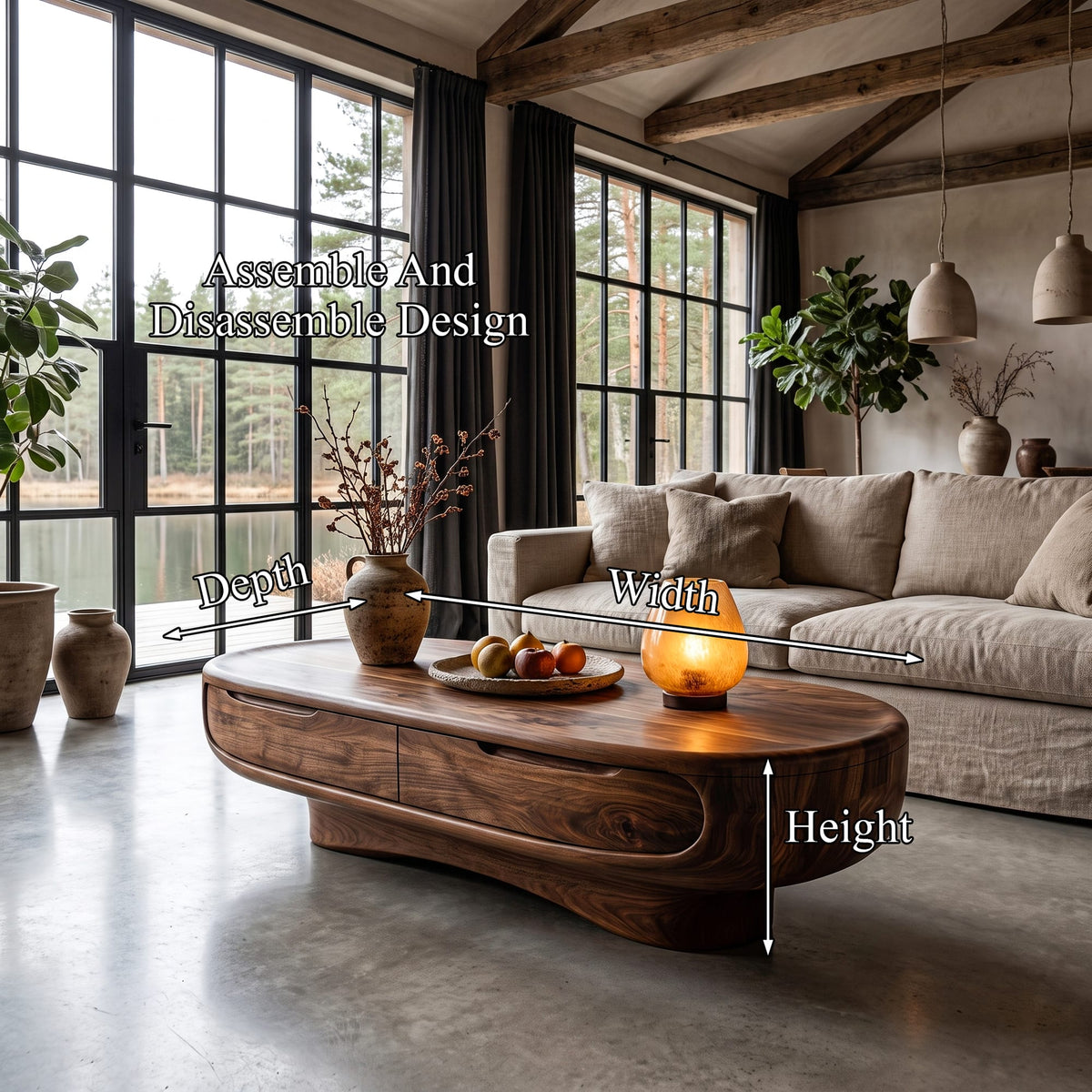 Mid Century Oval Coffee Table with Clean Low Profile Form, solid wood, built to order