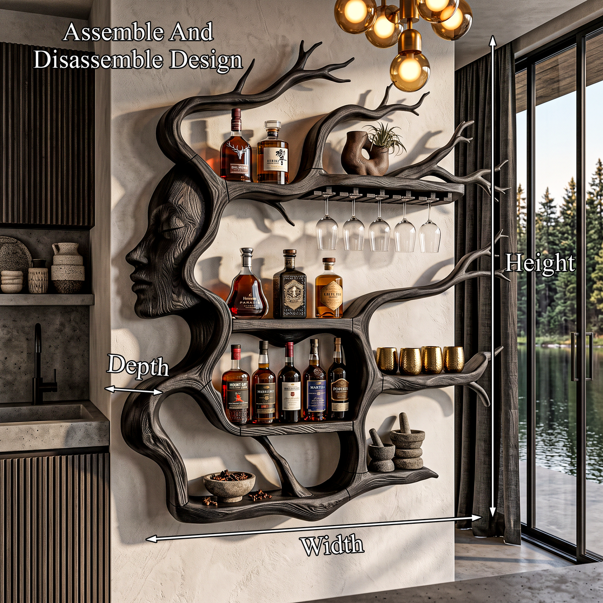 Contemporary Wall Mounted Wine Rack with Sculptural Face Tree Design, solid wood, built to order, view 2