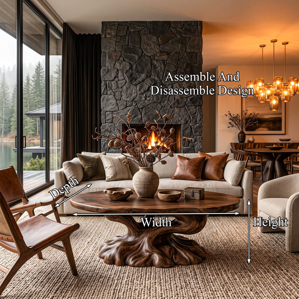 Rustic Coffee Table with Tree Root Inspired Base, solid wood, built to order