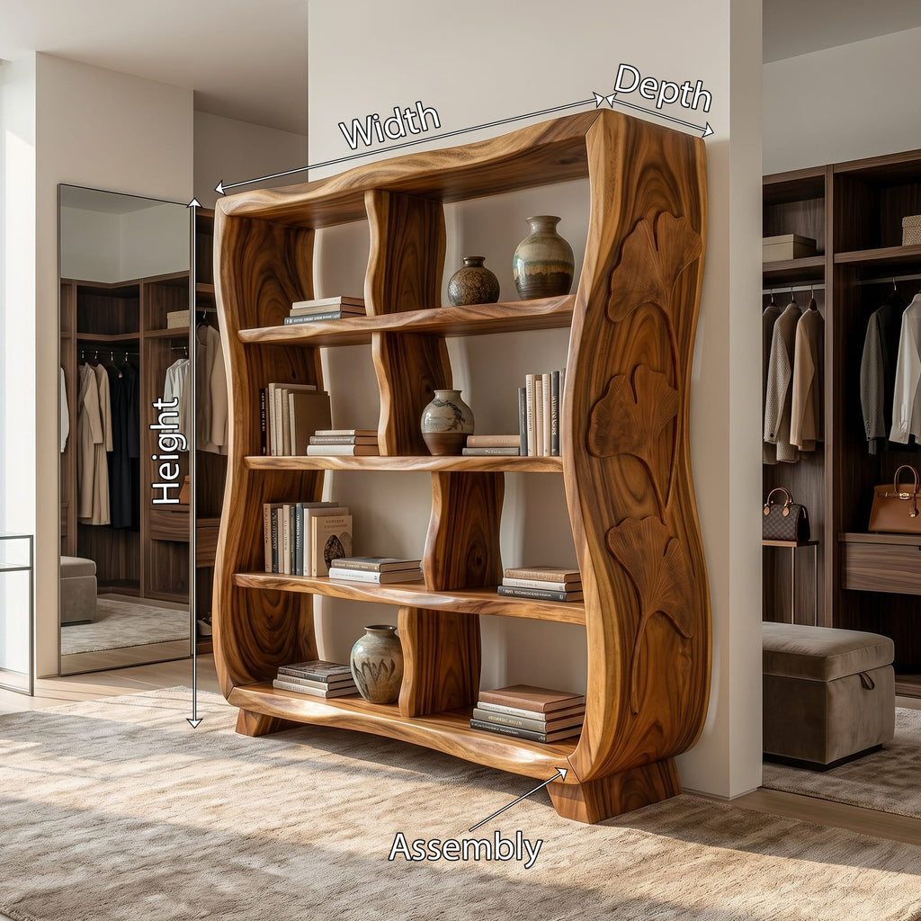 Handcrafted Bookshelf with Ginkgo Leaf Accents, solid wood, built to order
