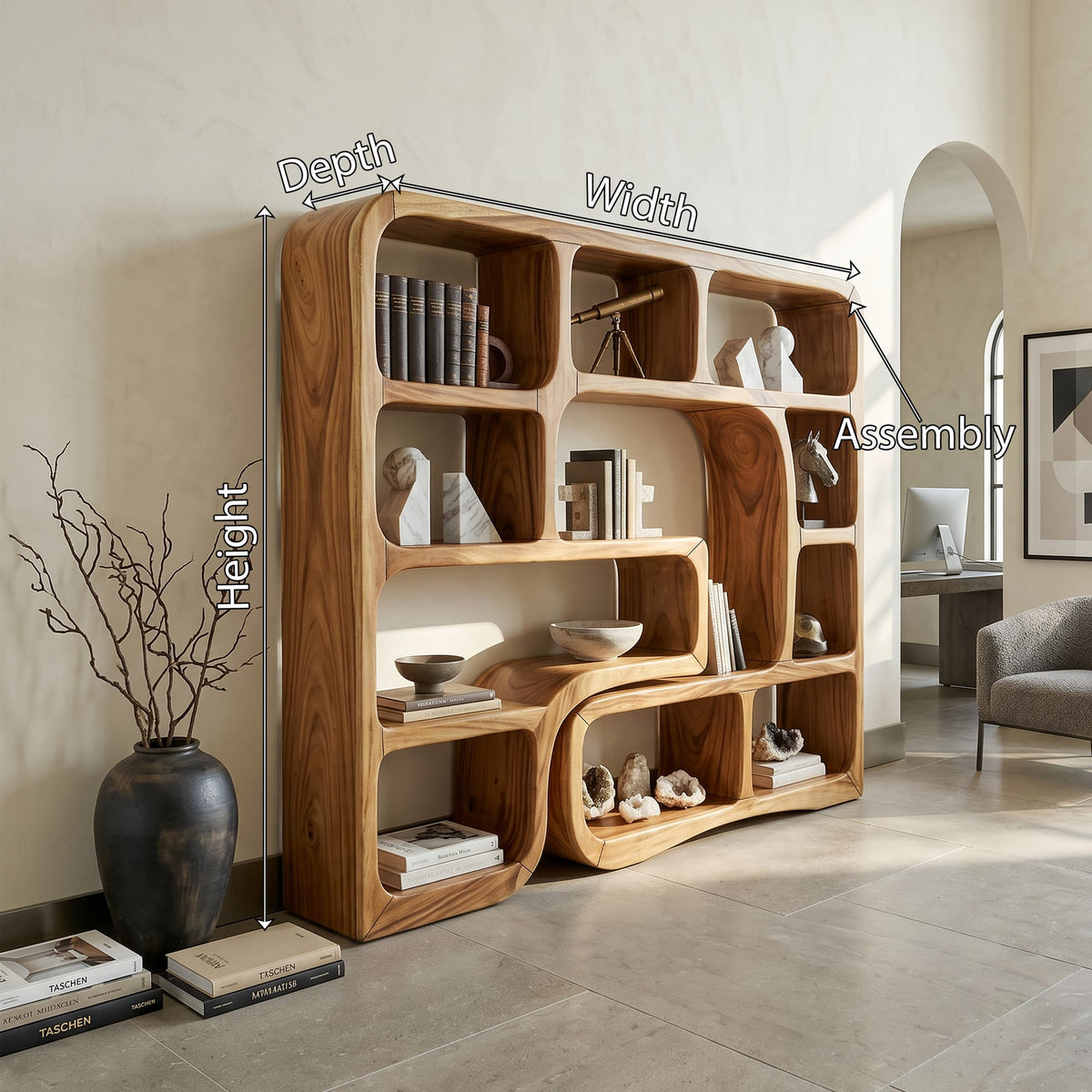 Wooden Bookcase with Organic Wave Design, solid wood, built to order