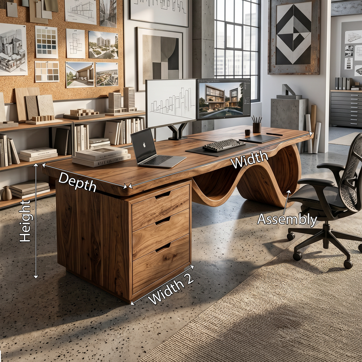 Contemporary Wave Base Executive Desk Design Studio, solid wood, built to order, view 8