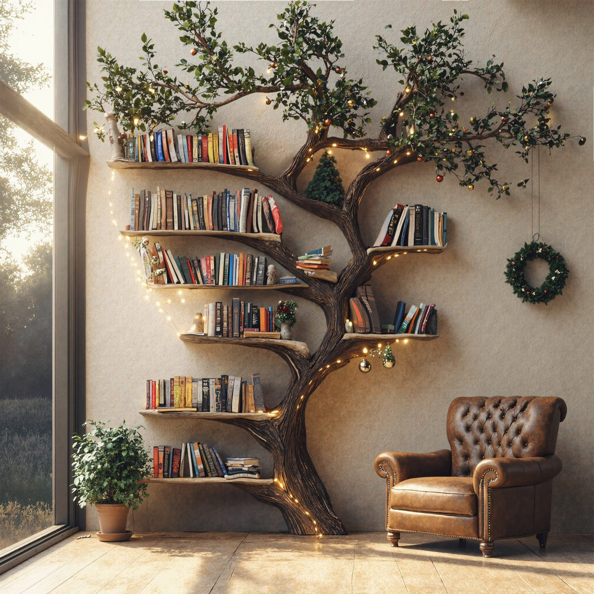 Black Tree Branch Bookshelf Wall Mount Mid Century, solid wood, built to order