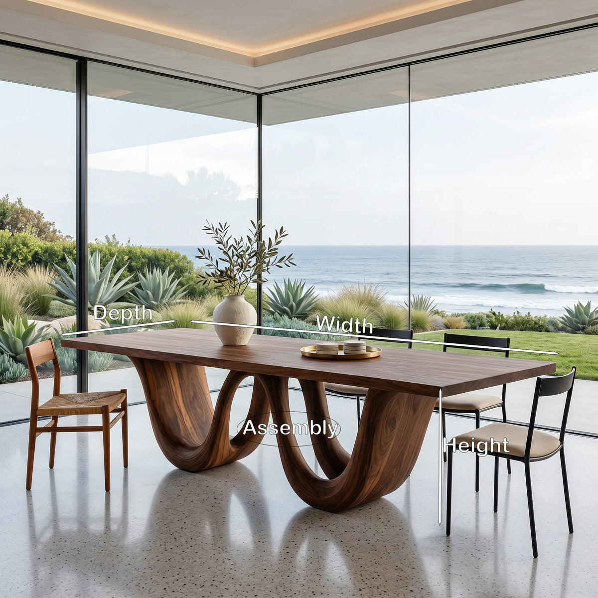 Contemporary Two Wavy Legs Dining Table, solid wood, built to order