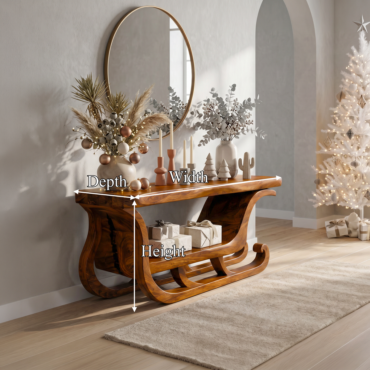 Organic Modern Console Table with Sleigh Inspired Design, solid wood, built to order, view 8
