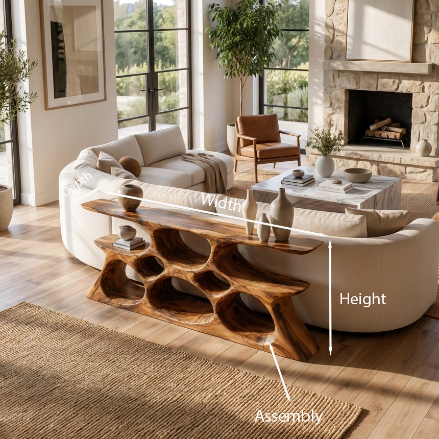 Elegant Wooden Console Table with Sculptural Shelves, solid wood, built to order, view 8