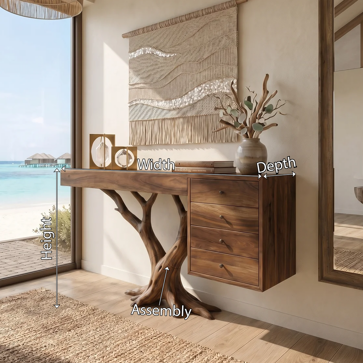 Organic Floating Console Table Designer Entryway, solid wood, built to order, view 8
