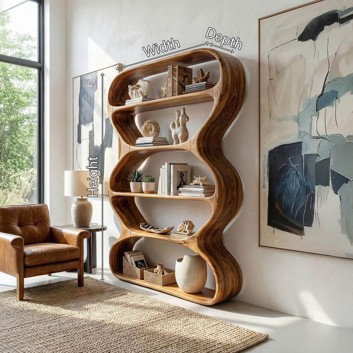 Contemporary Curved Bookshelf, solid wood, built to order, view 8