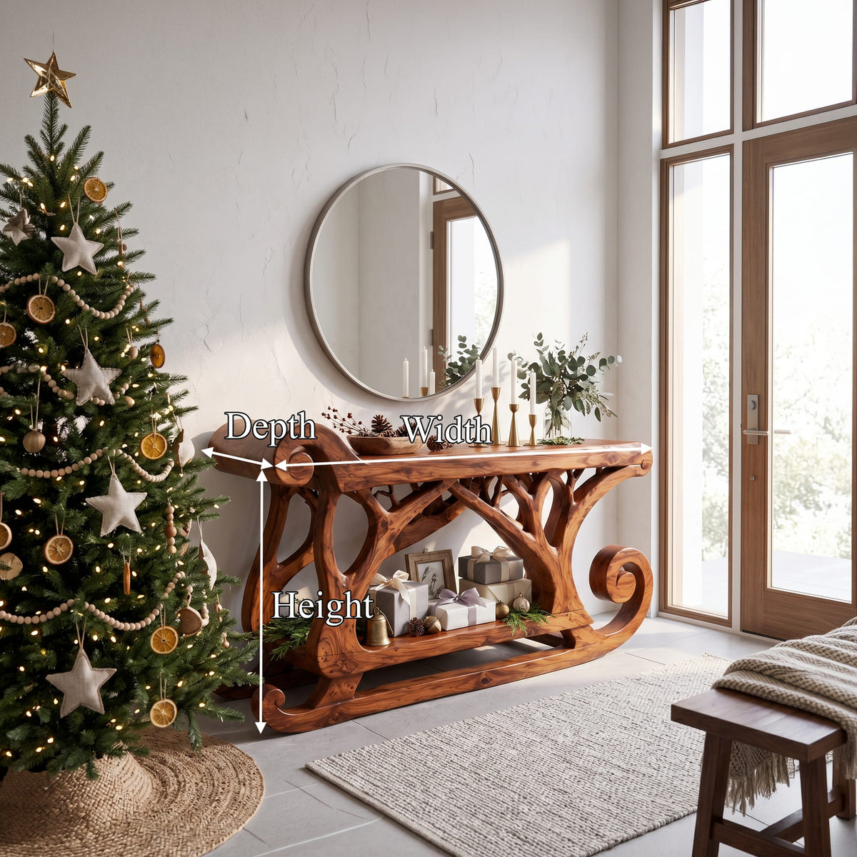 Rustic Console Table with Reindeer Sleigh Design, solid wood, built to order