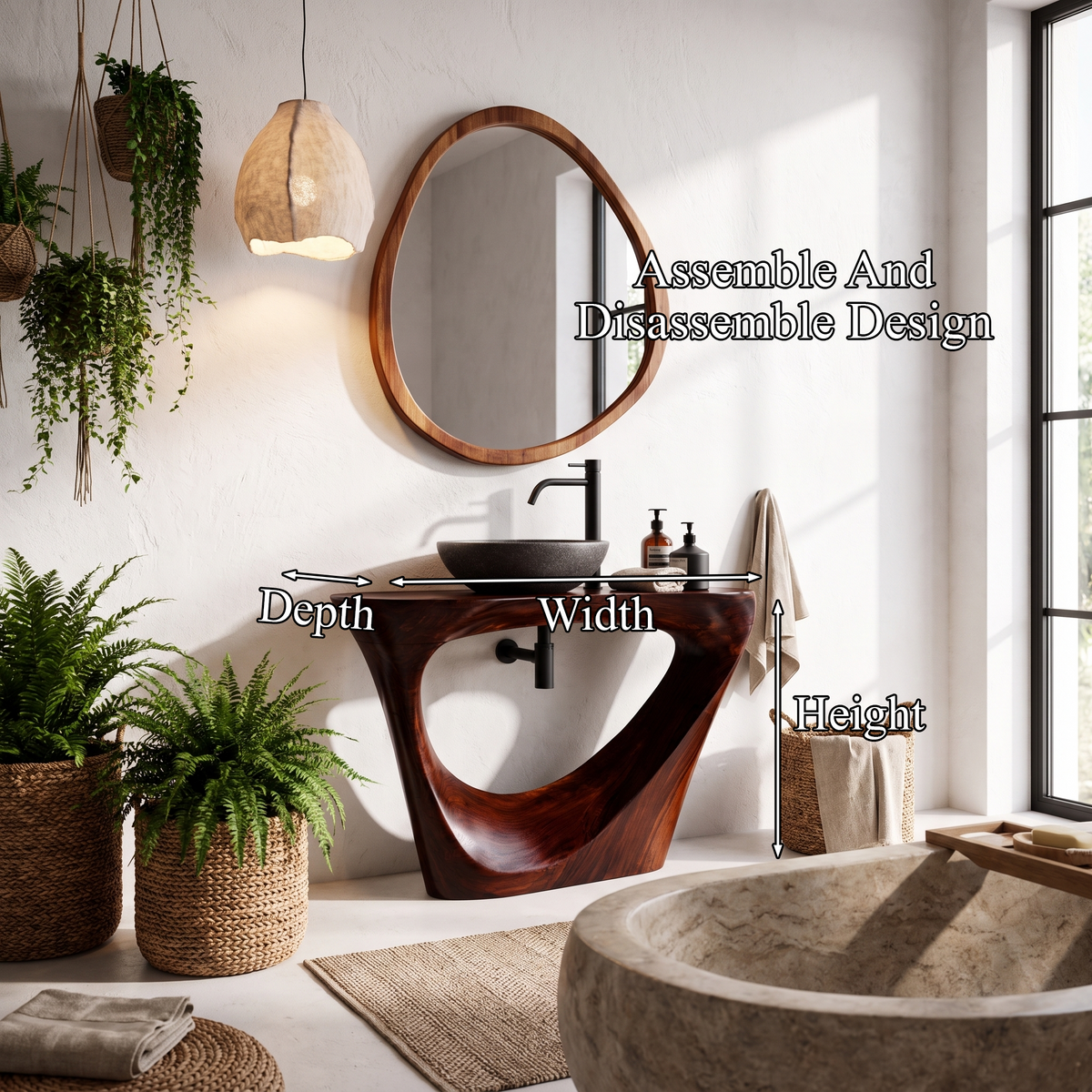 Live Edge Floating Bathroom Vanity with Sculptural Tree Support, solid wood, built to order, view 8