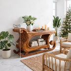 Rustic Console Table with Carved Sleigh Design, solid wood, built to order