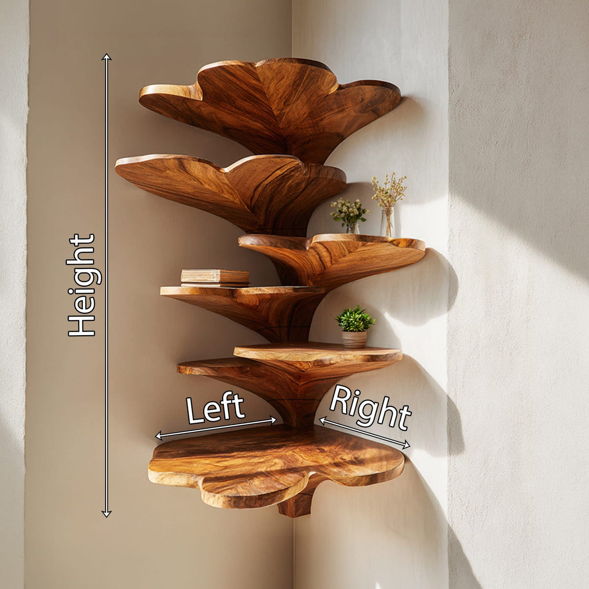 Boho Leaf Shaped Wooden Corner Shelf, solid wood, built to order