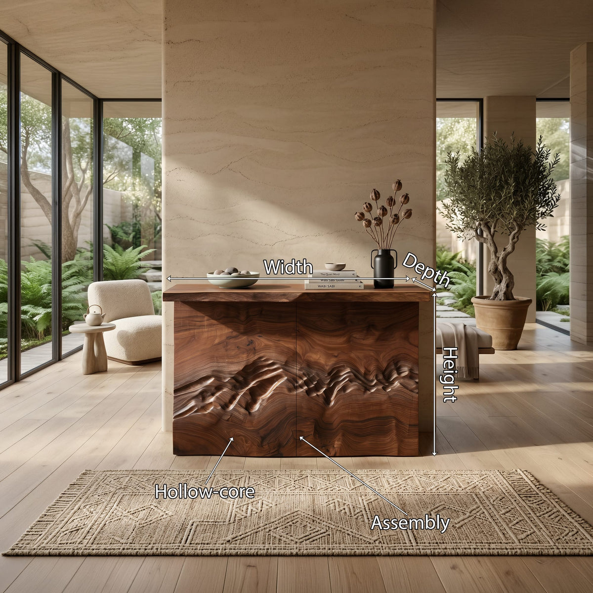 Minimalist Textured Edge Console Table, solid wood, built to order
