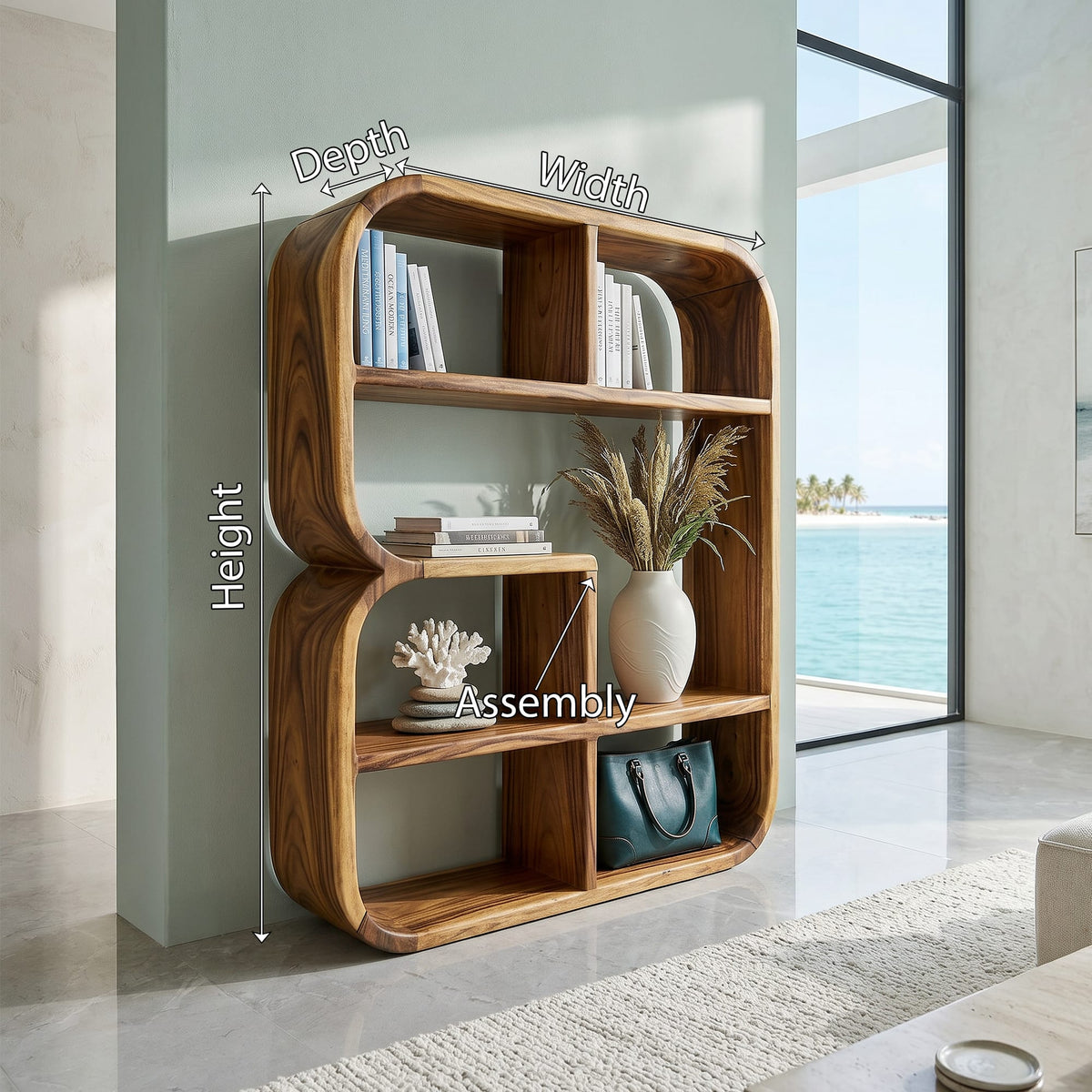 Modern Curved Bookshelf in Style, solid wood, built to order