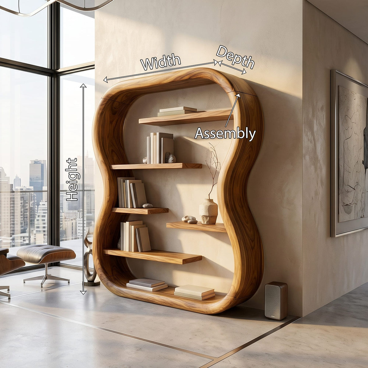 Contemporary Organic Bookshelf with Curved Frame, solid wood, built to order