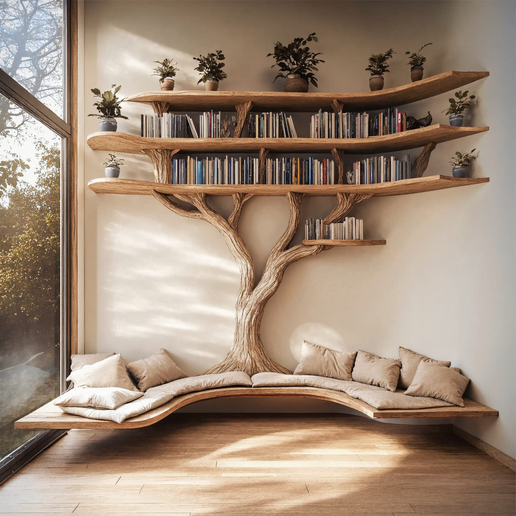 Driftwood Branch Tree Bookshelf with U Shaped Bench Custom Corner Bench, solid wood, built to order
