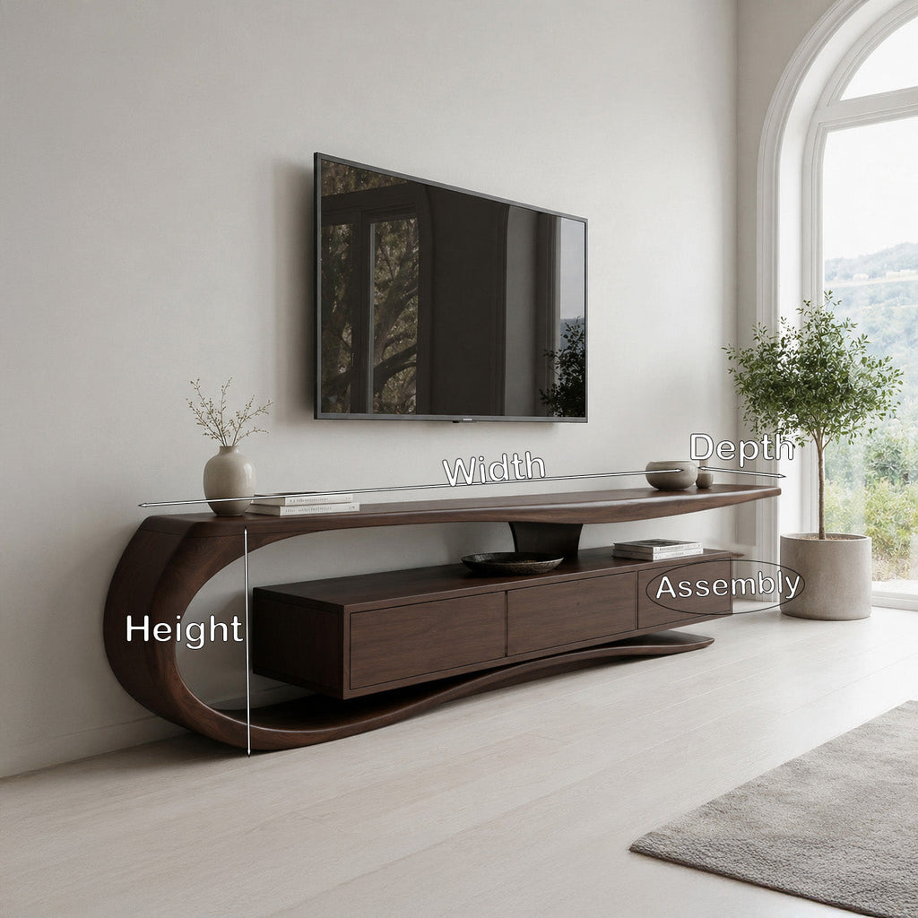 Minimalist Curved TV Console, solid wood, built to order, view 8