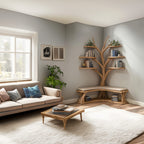 Driftwood Branch Floating Bookshelf Hall Tree with Wood Bench, solid wood, built to order