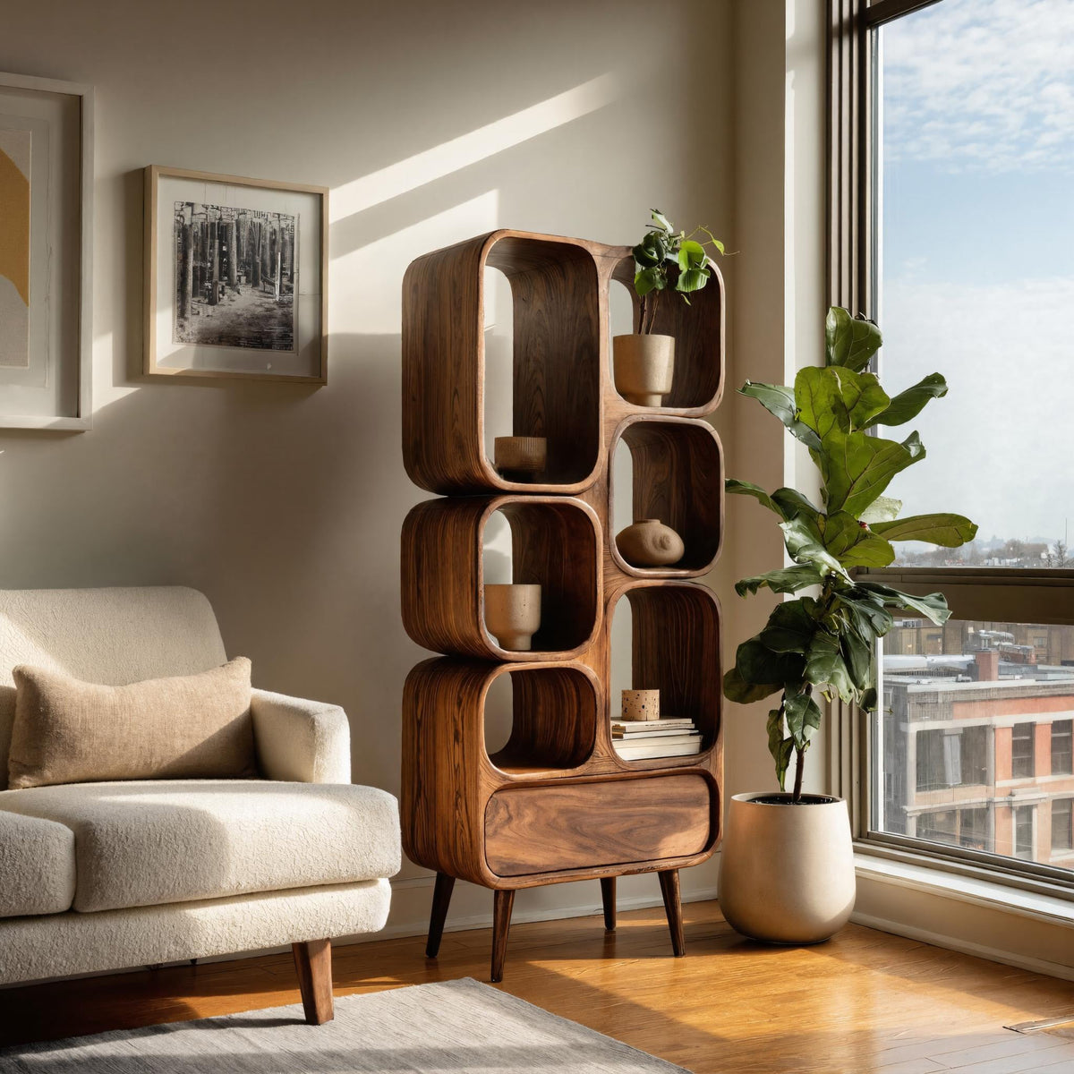Minimalist Wooden Bookshelf for Contemporary Living Room, solid wood bookcase
