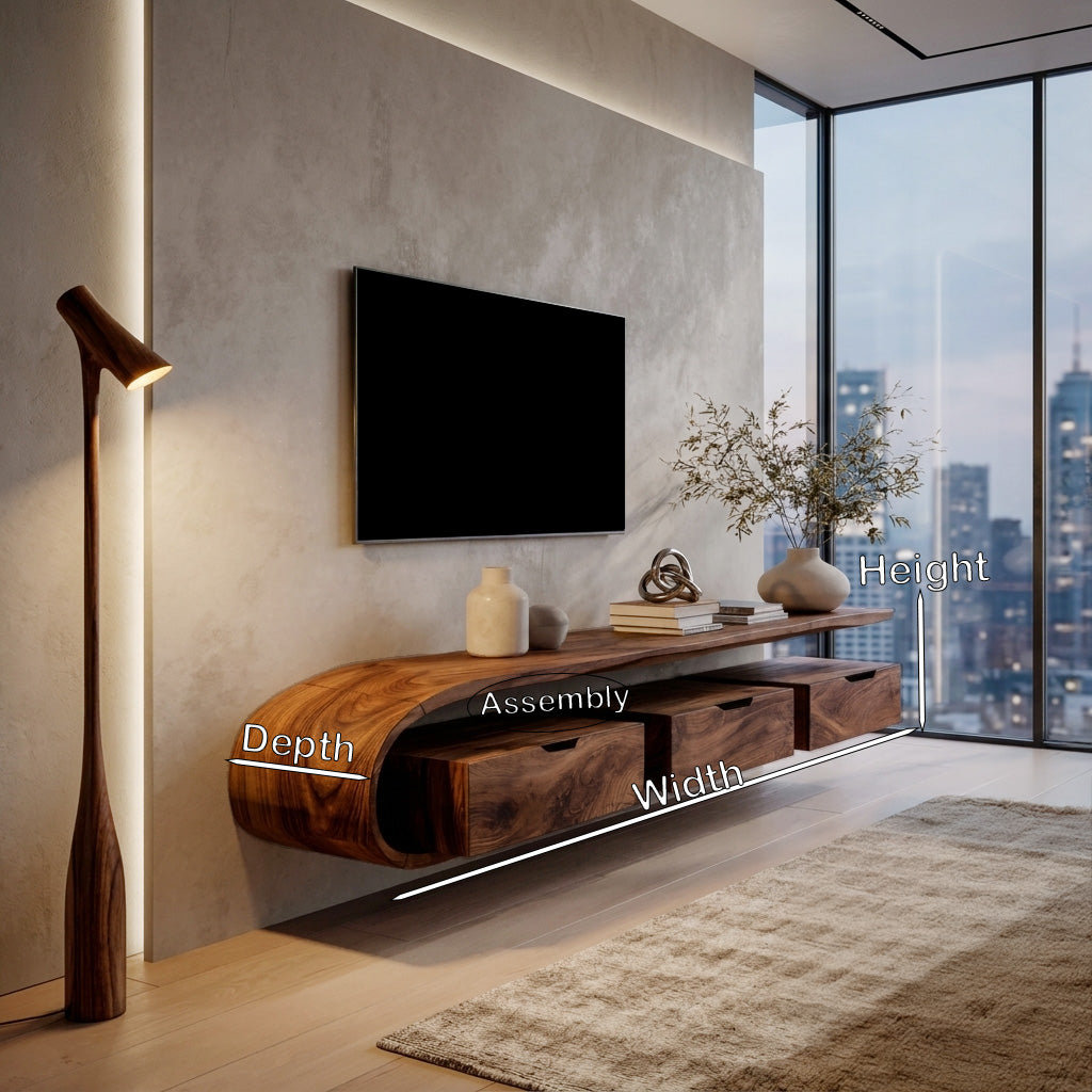 Minimal Curved Floating TV Console with Drawers, solid wood, built to order, view 8
