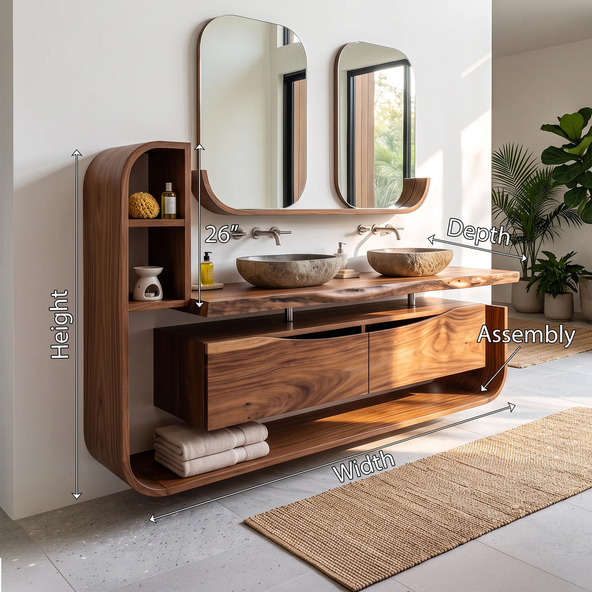Handcrafted Organic Floating Bathroom Vanity Ensuite, solid wood, built to order