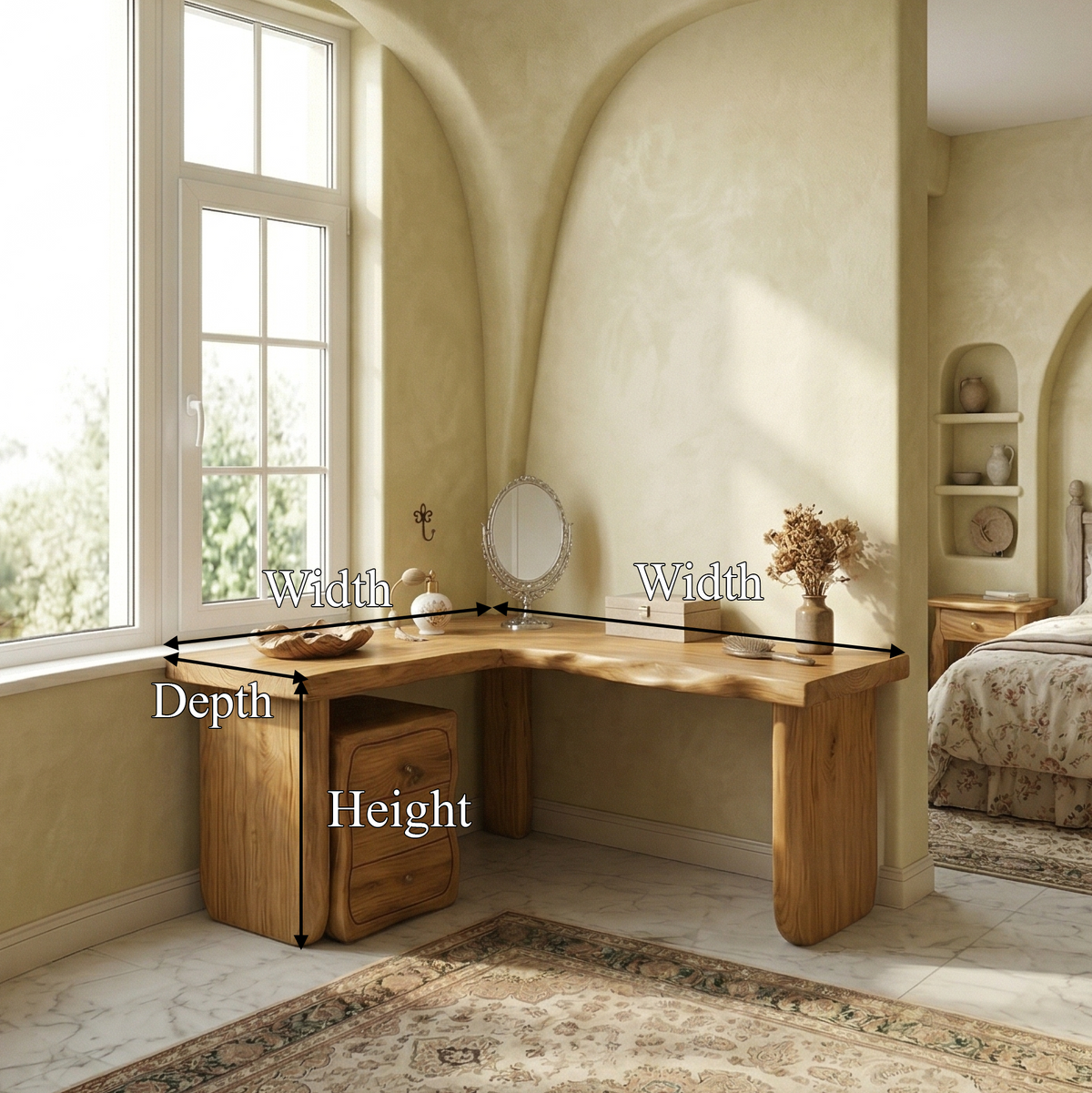 Minimal Organic Vanity Table Makeup Desk Corner L Shape Bedroom and Vanity Area, solid wood, built to order, view 8