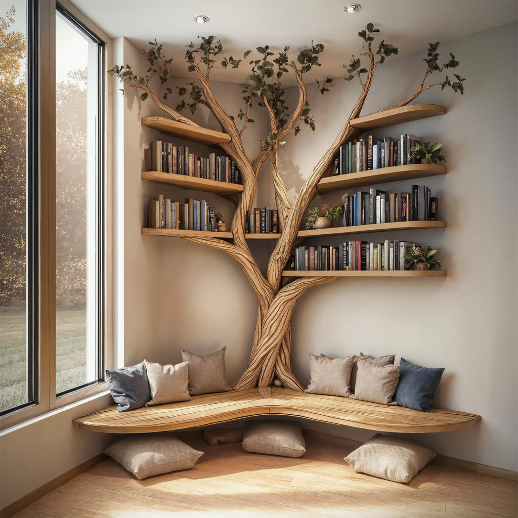Tree Floating Corner Bookshelf with Corner Bench Lshaped Bench, solid wood, built to order