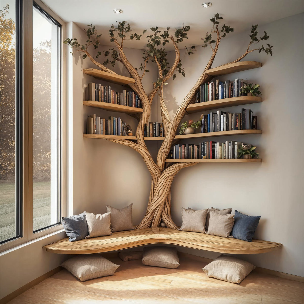 Tree Floating Corner Bookshelf with Corner Bench Lshaped Bench, solid wood, built to order