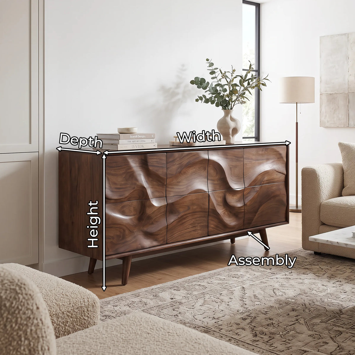 Mid Century Wave Carved Sideboard Living Room, solid wood, built to order, view 2