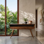Mid Century Curved Console Table with Drawers, solid wood, built to order