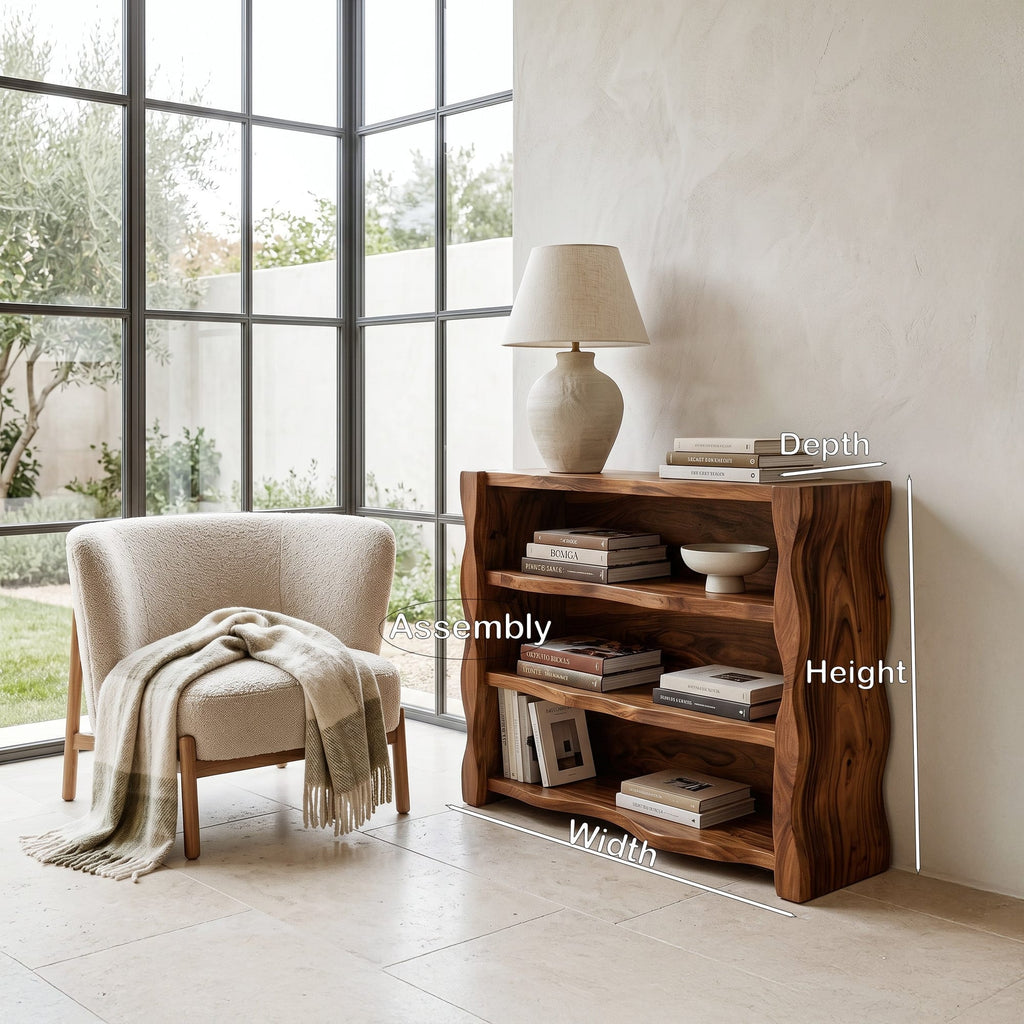 Organic Wavy Console Table with Three Tiers, solid wood, built to order
