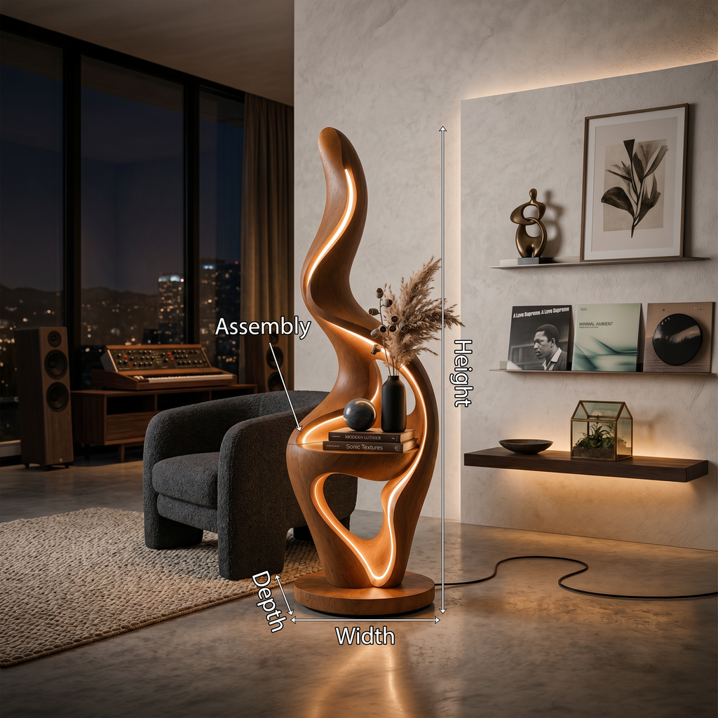 Minimalist Curved Lamp with Table, solid wood, built to order, view 8