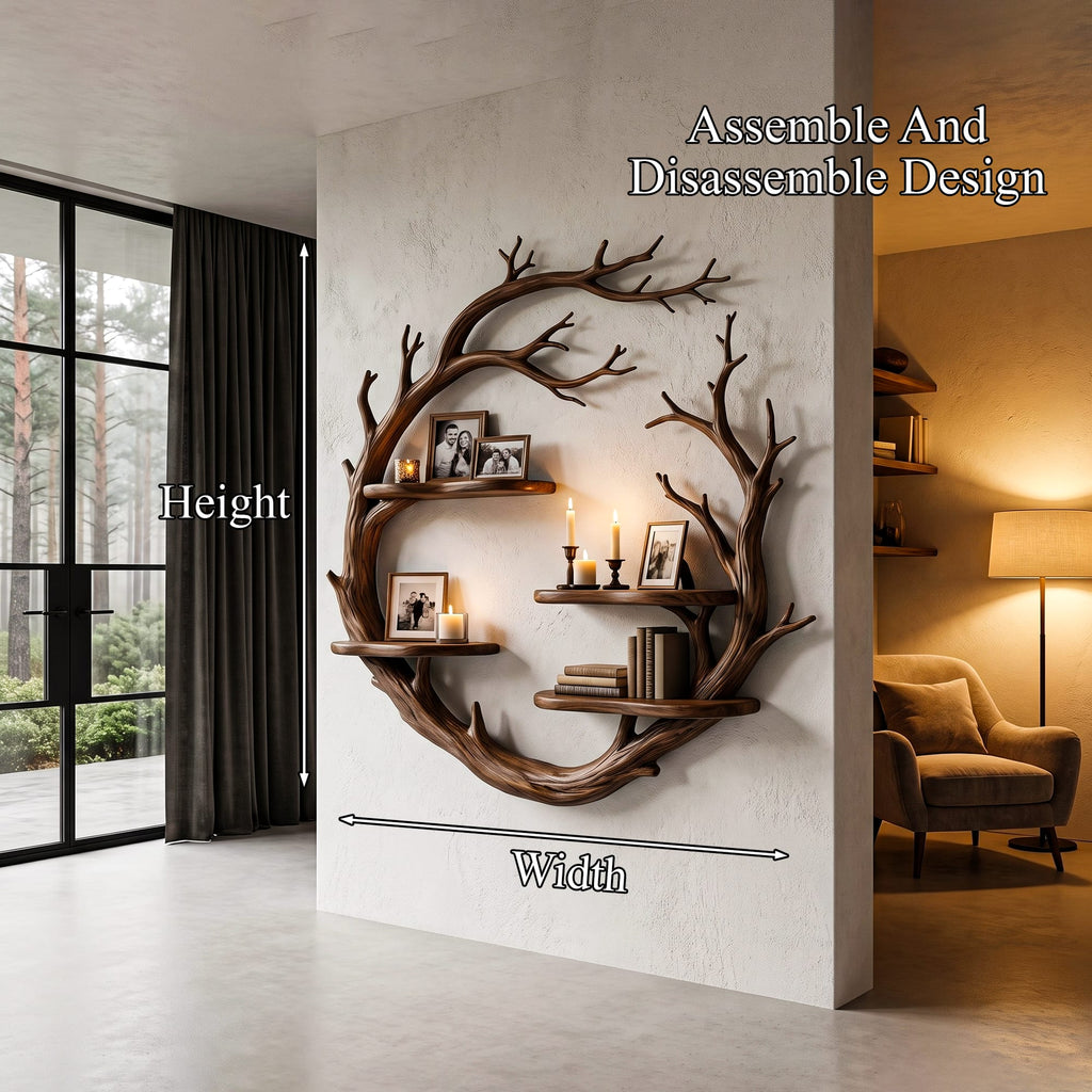 Contemporary Floating Shelf with Tree Branch Display Design, solid wood, built to order