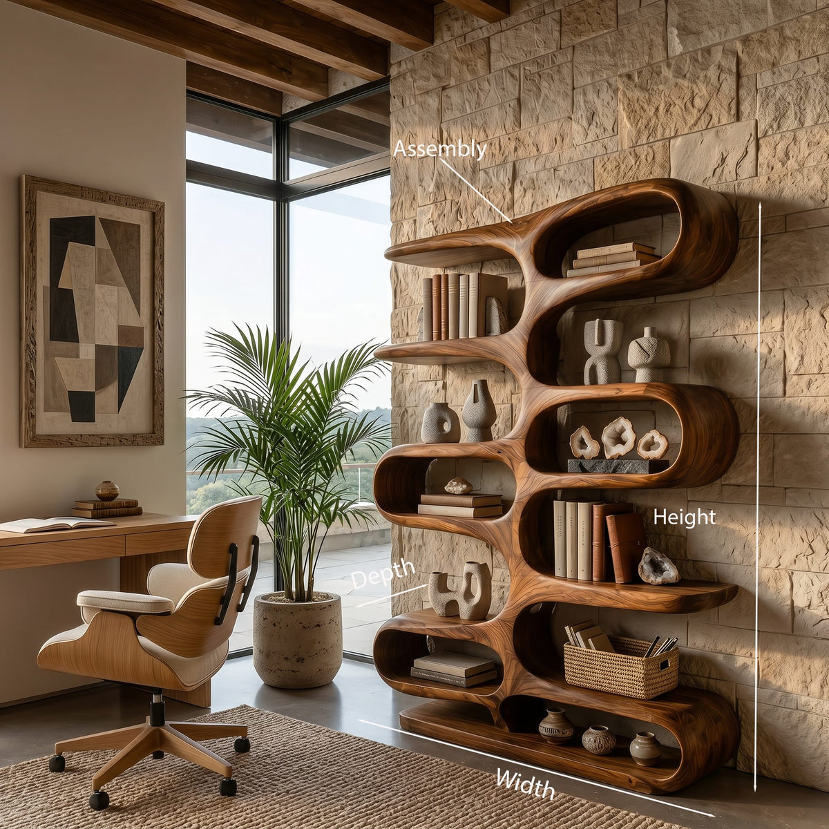 Contemporary Wooden Bookshelf with Sculptural Form for Living Room, solid wood bookcase