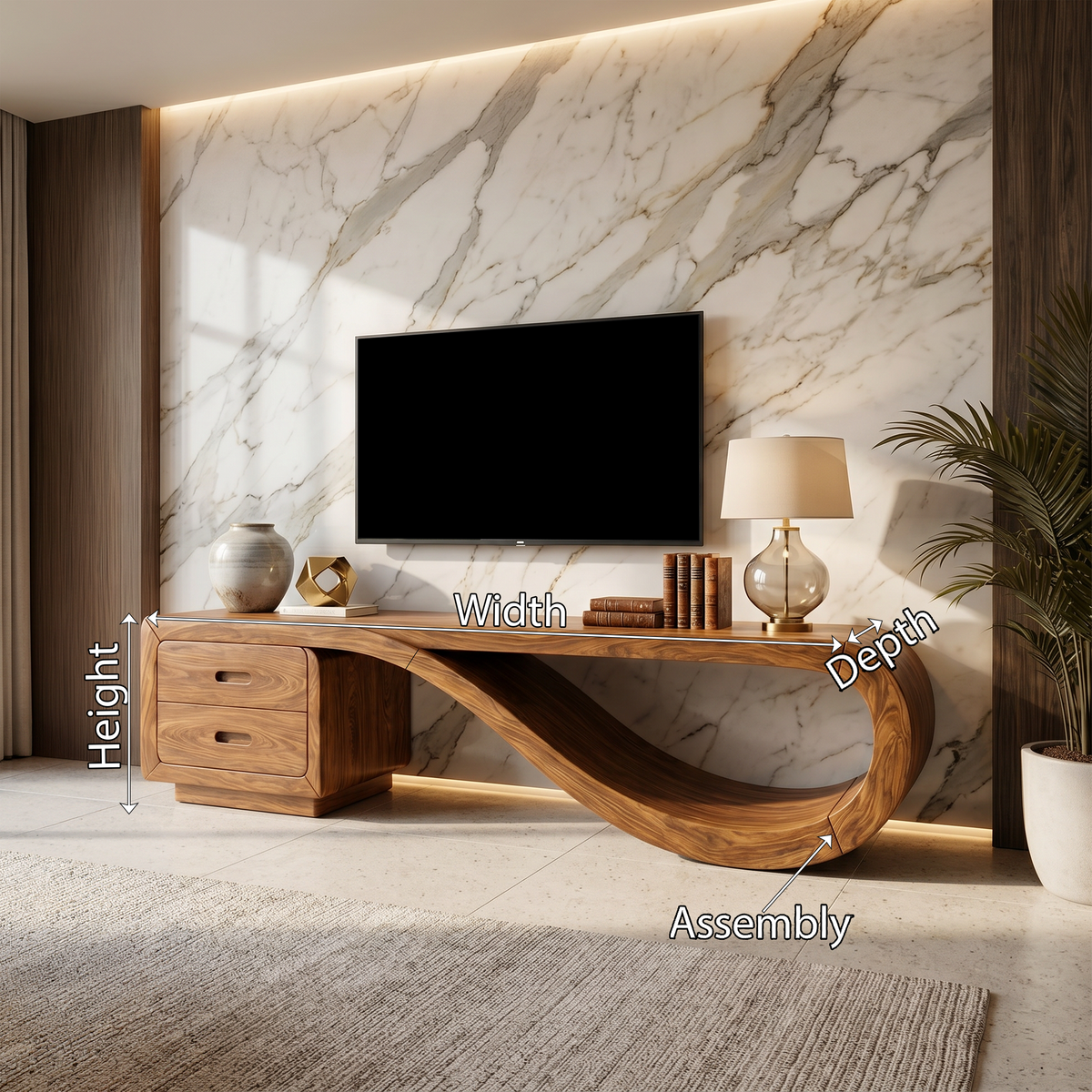 Sculptural Media Console Marble Accent Wall, solid wood, built to order, view 8