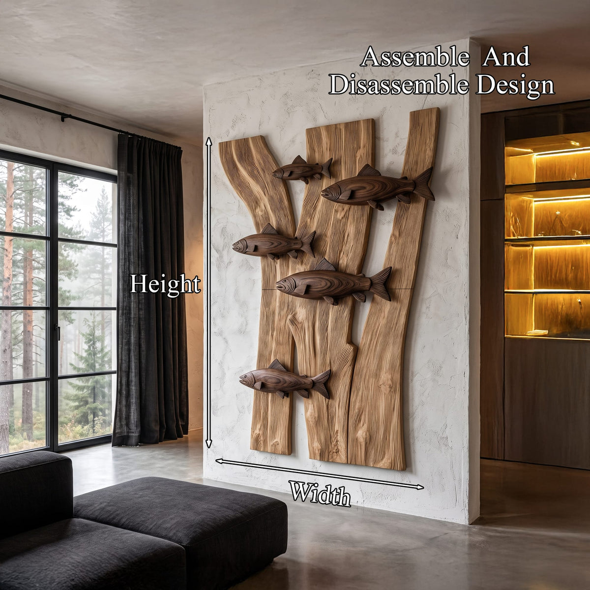 Contemporary Fish Wall Decor with Sculptural River Scene, solid wood, built to order