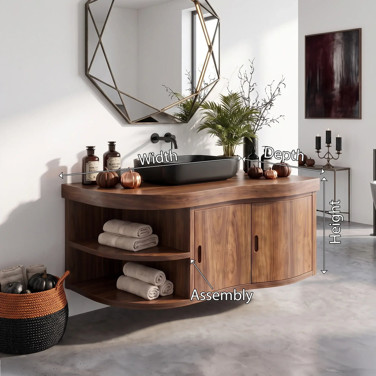 Mid Century Wall Mounted Bathroom Vanity, solid wood, built to order