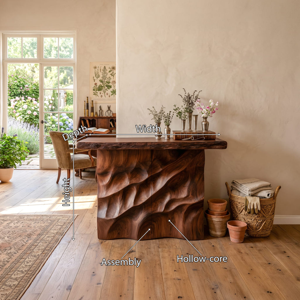 Mid Century Carved Display Table, solid wood, built to order